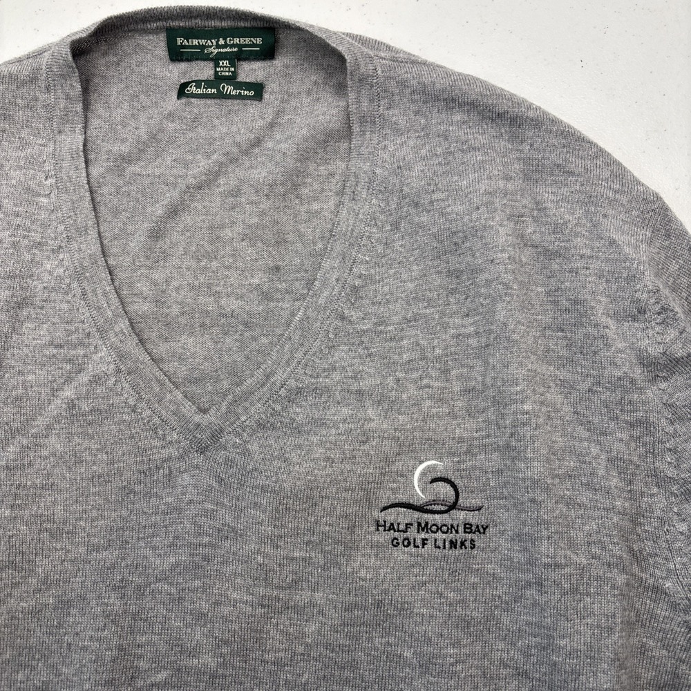 Fairway & Greene Gray Sweater V Neck Marino Wool Half Moon Bay Logo Men's XXL